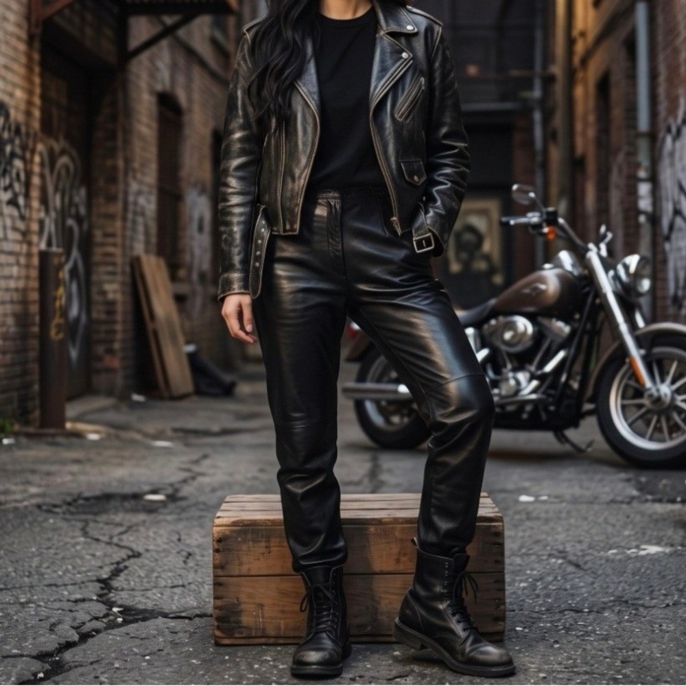 VTG Margaret Godfrey Women's Leather Pants Darted High Rise Moto Biker Black 10